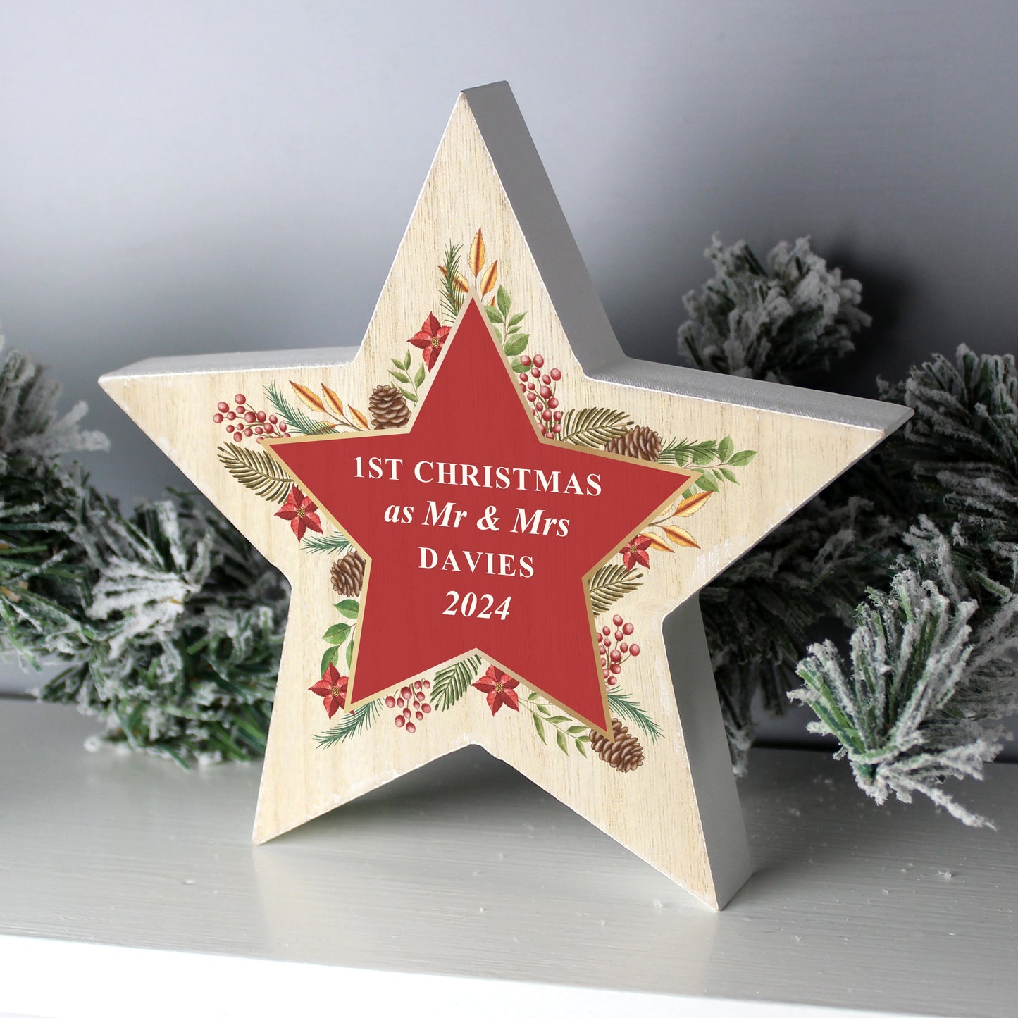 Personalised Christmas Wreath Wooden Star Ornament: 4 - Christmas Decorations By Gift Moments