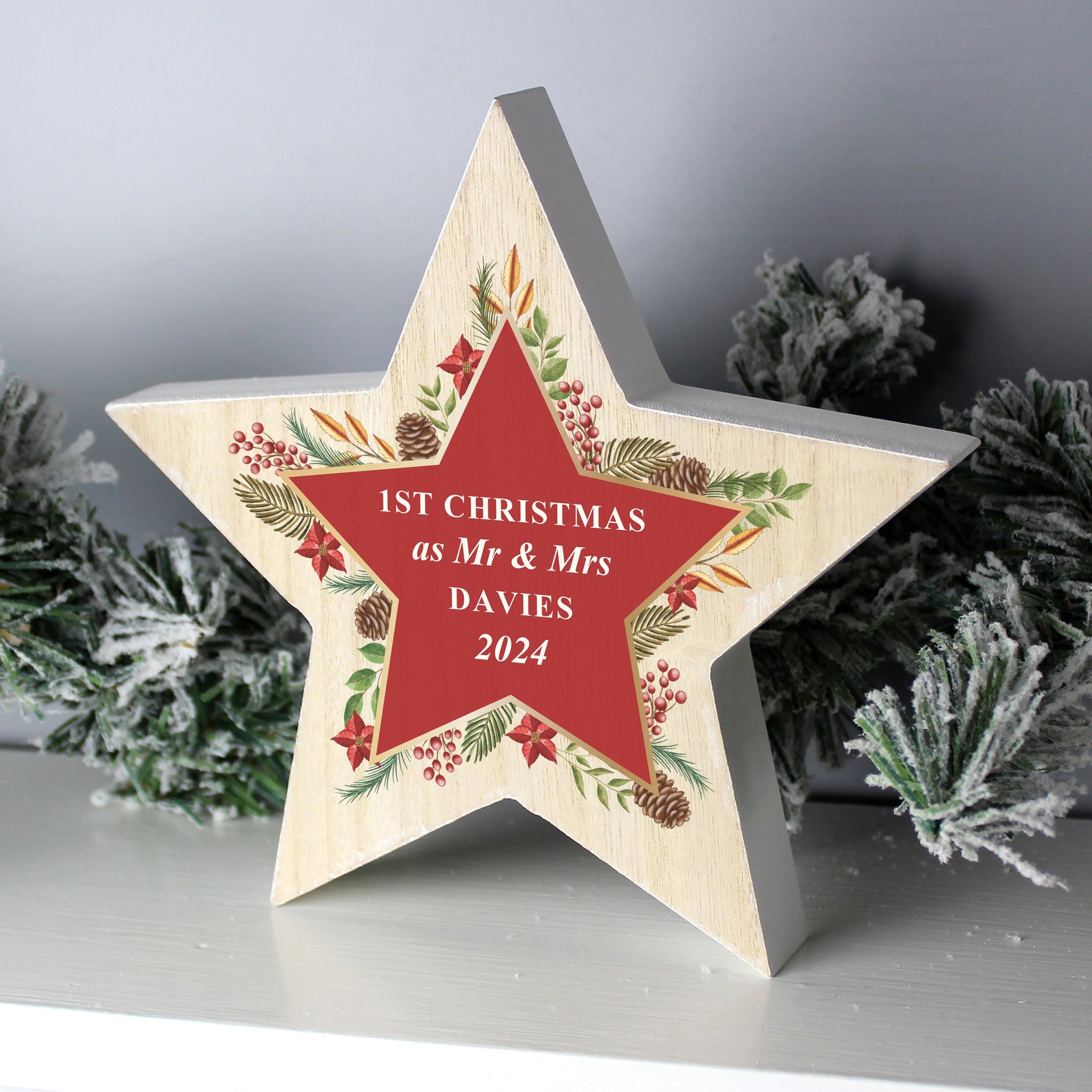 Personalised Christmas Wreath Wooden Star Ornament: 4 - Christmas Decorations By Gift Moments