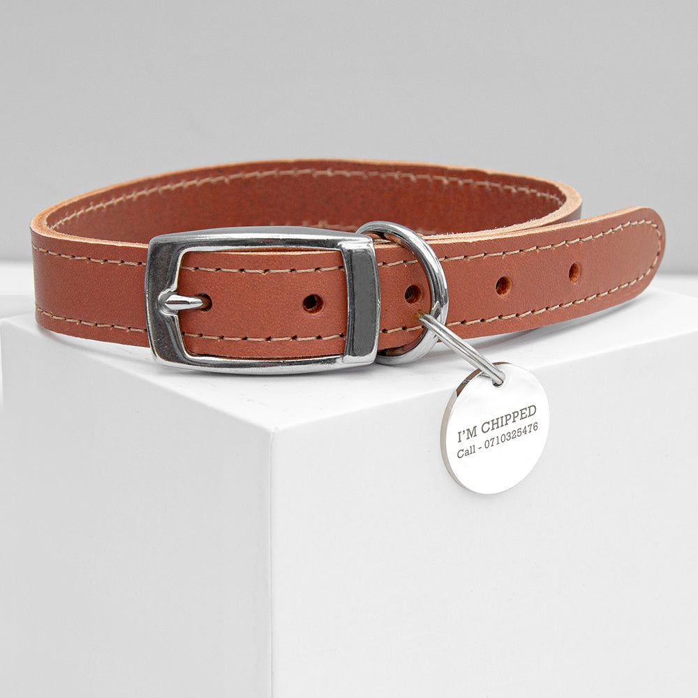 Personalised Classic Brown Leather Dog Collar with Metal Tag: 4 - Pet Products By Gift Moments