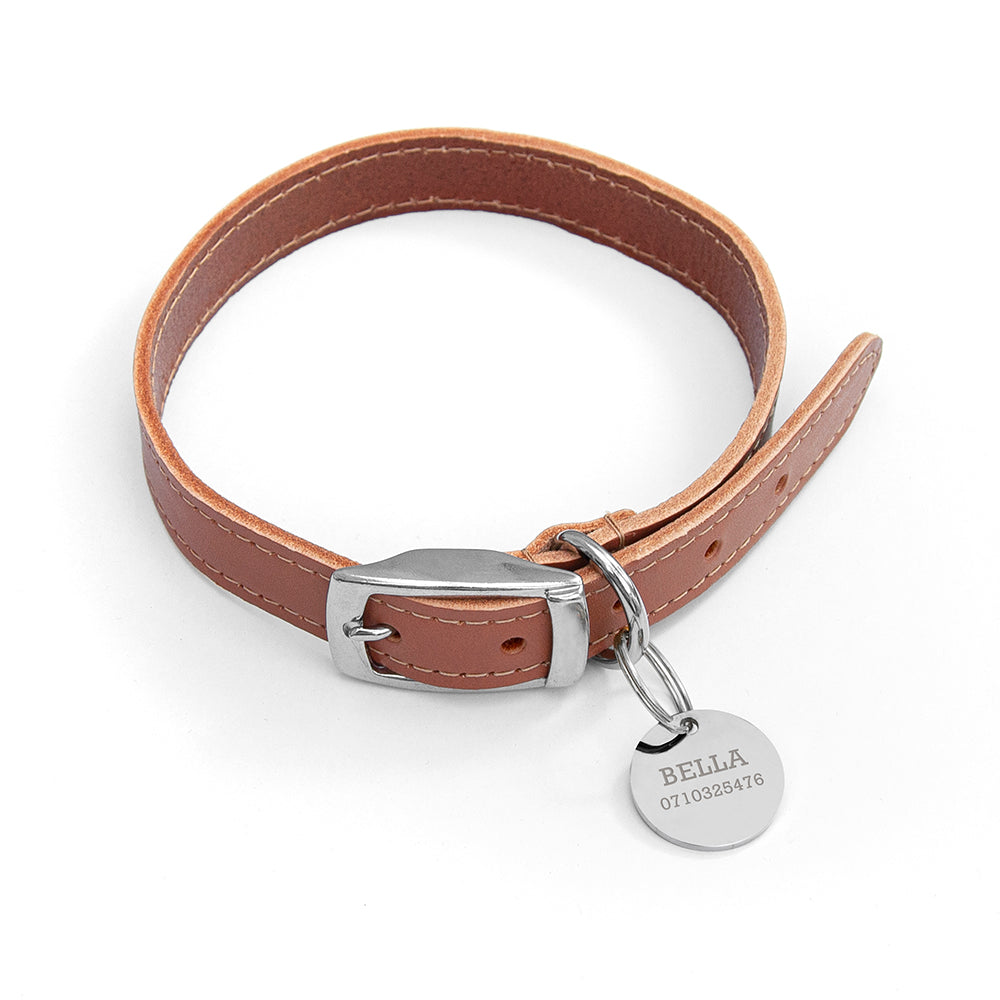 Personalised Classic Brown Leather Dog Collar with Metal Tag: 5 - Pet Products By Gift Moments
