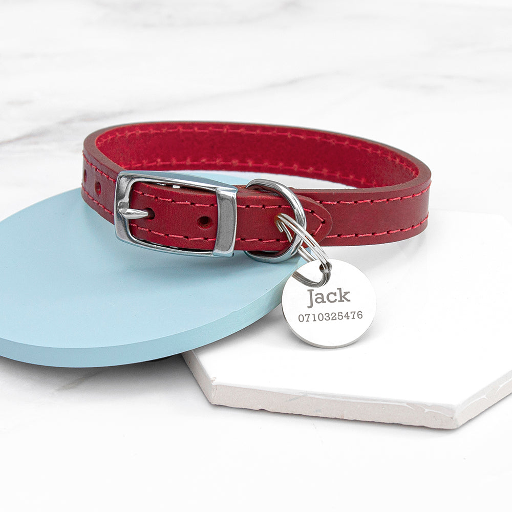 Personalised Classic Red Leather Dog Collar with Tag: 1 - XXS (20-26CM) - Pet Products By Gift Moments