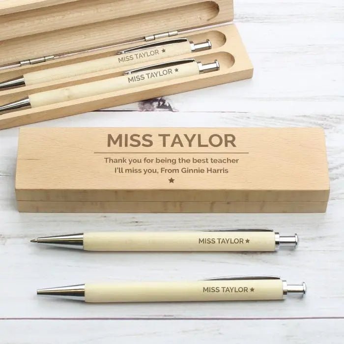 Personalised Classic Wooden Pen & Pencil Box Set: 2 - Pens & Pencils By Gift Moments