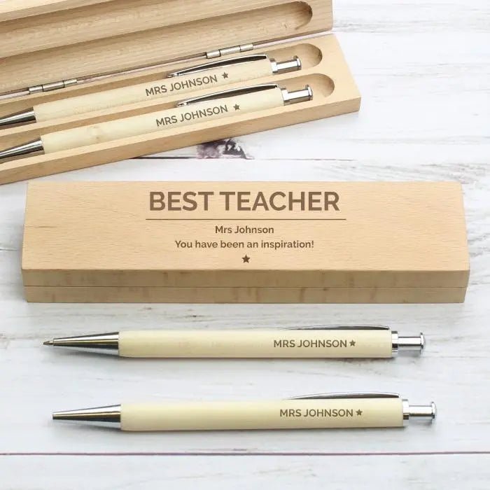 Personalised Classic Wooden Pen & Pencil Box Set: 7 - Pens & Pencils By Gift Moments