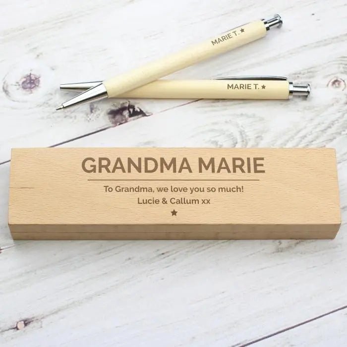 Personalised Classic Wooden Pen & Pencil Box Set: 3 - Pens & Pencils By Gift Moments