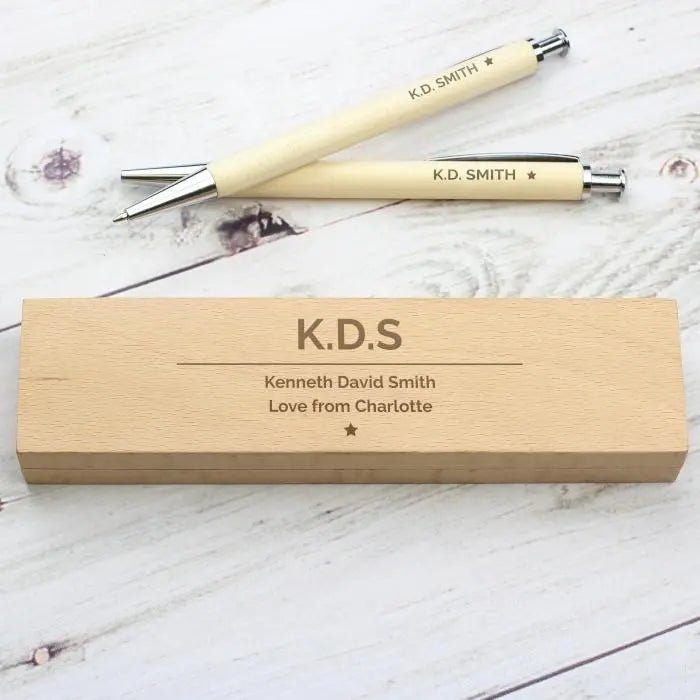 Personalised Classic Wooden Pen & Pencil Box Set: 5 - Pens & Pencils By Gift Moments