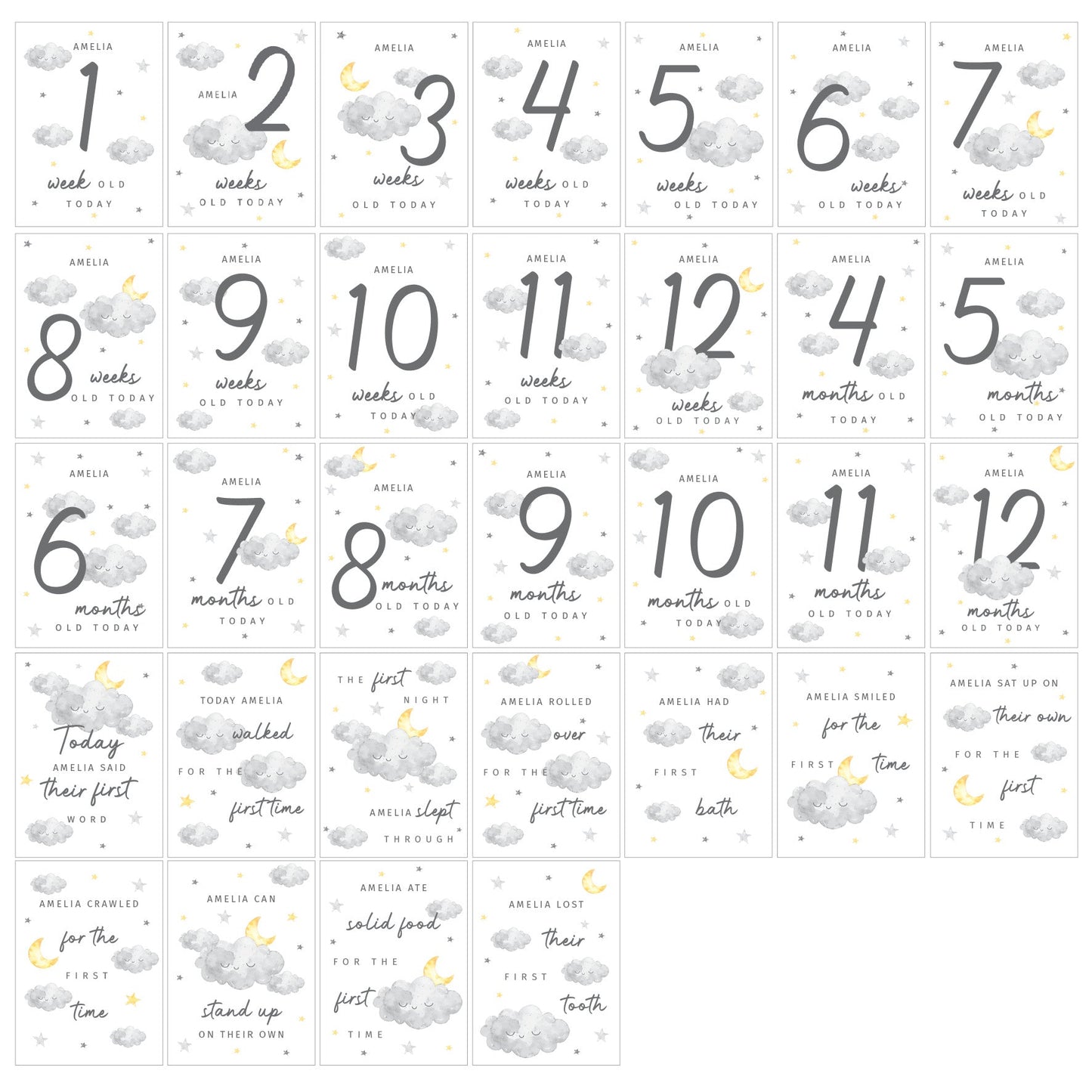 Personalised Cloud Baby Milestone Cards: 5 - Keepsakes By Gift Moments