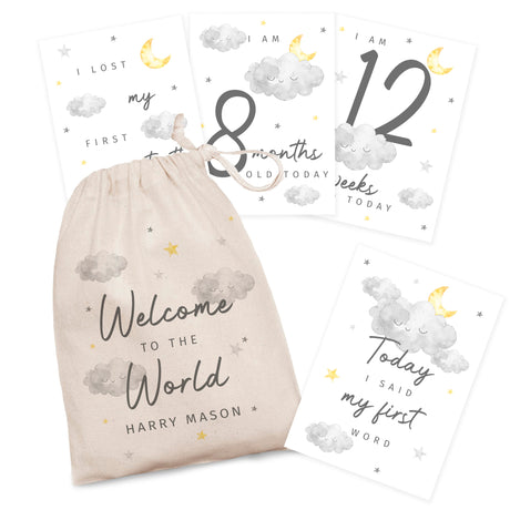 Personalised Cloud Baby Milestone Cards In Drawstring Bag: 7 - Keepsakes By Gift Moments