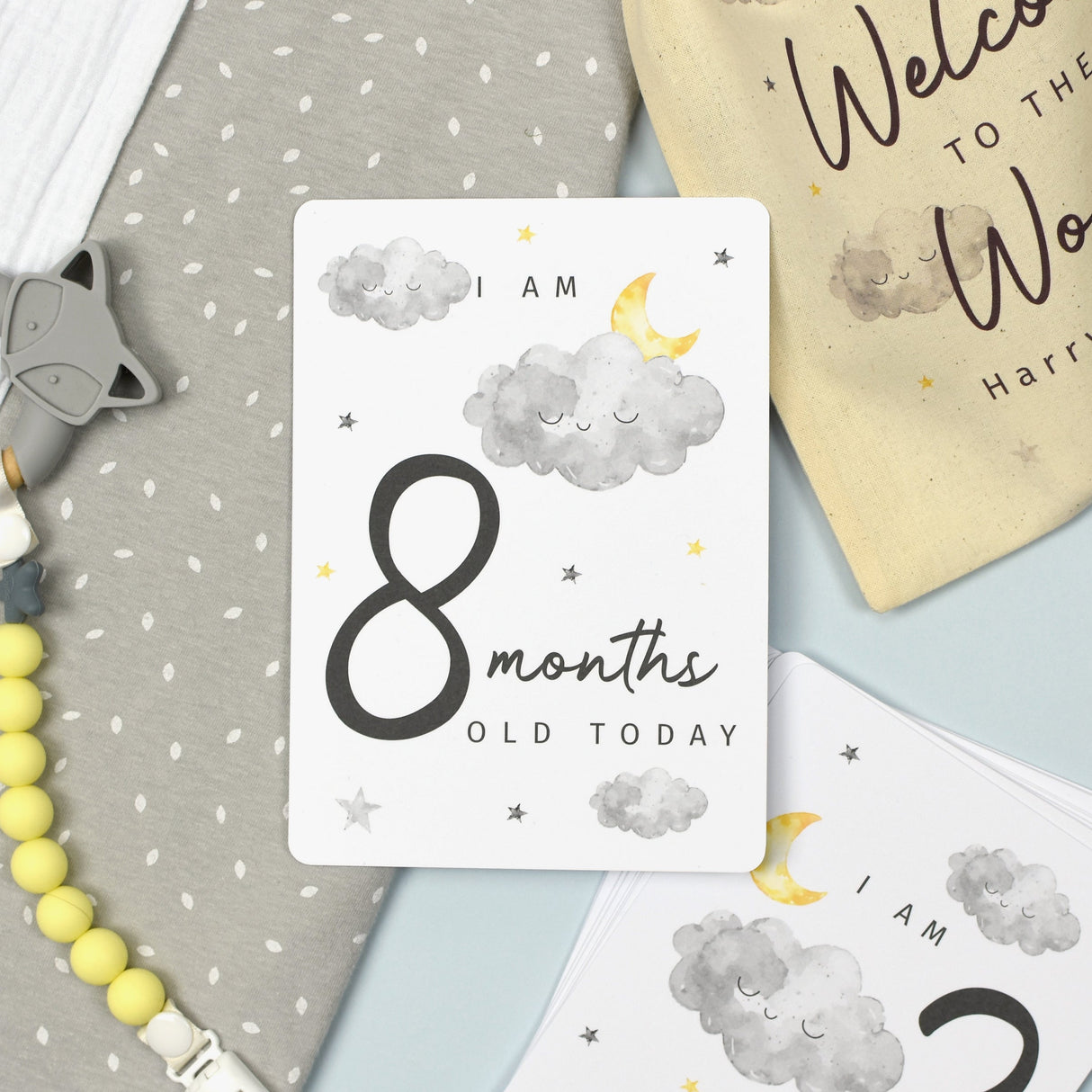 Personalised Cloud Baby Milestone Cards In Drawstring Bag: 3 - Keepsakes By Gift Moments