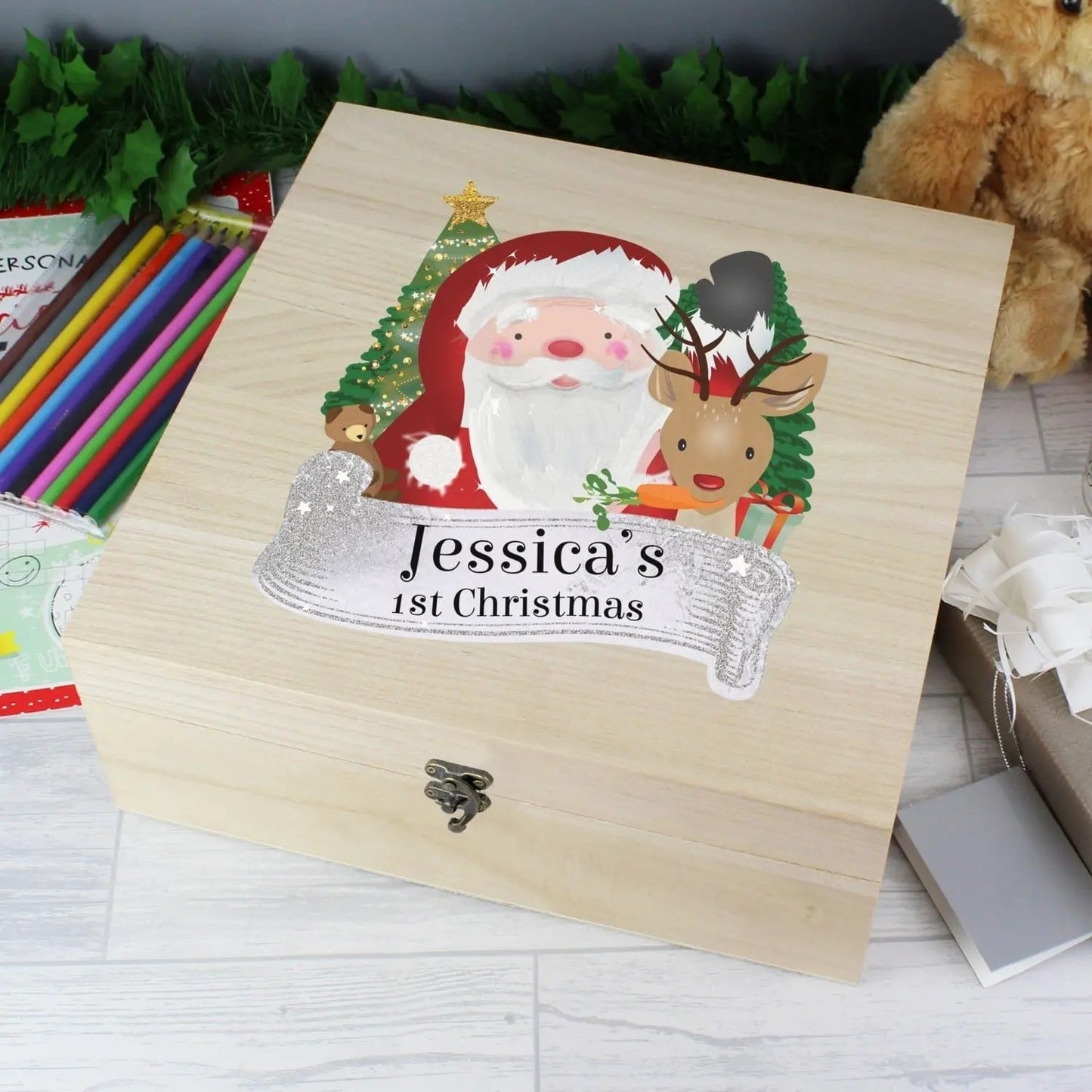 Personalised Colourful Santa Large Wooden Christmas Eve Box: 4 - Keepsake Boxes By Gift Moments