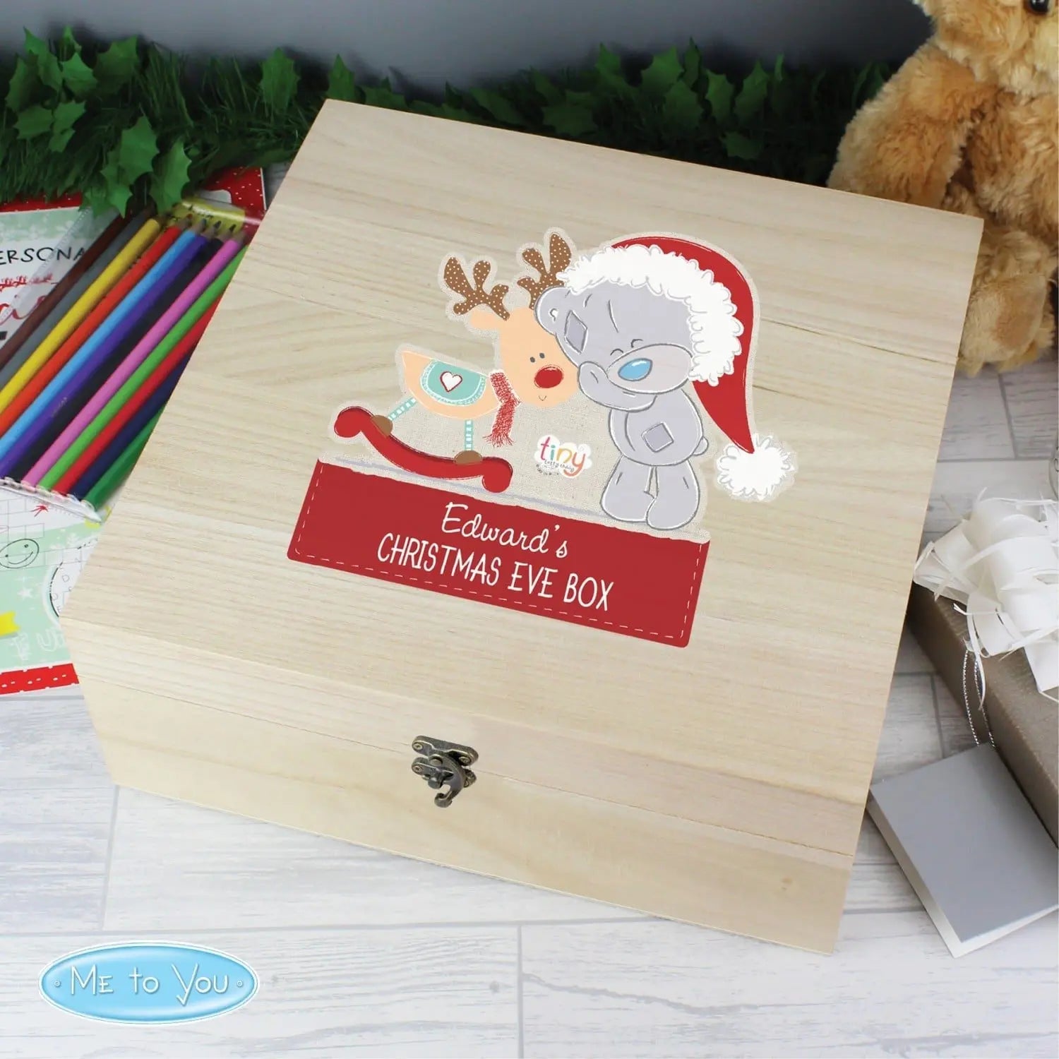 Personalised Colourful Tiny Tatty Teddy Large Wooden Christmas Eve Box - Shop Keepsake Boxes At Gift Moments - 1