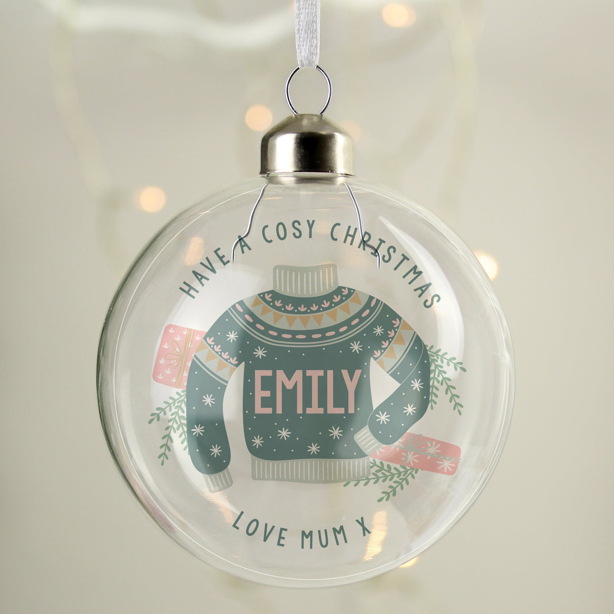 Personalised Cosy Christmas Glass Bauble: 3 - Christmas Baubles By Gift Moments