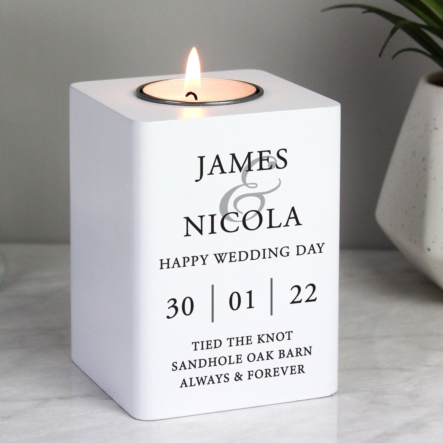 Personalised Couples White Wooden Tea light Holder: 2 - Candle Holders By Gift Moments