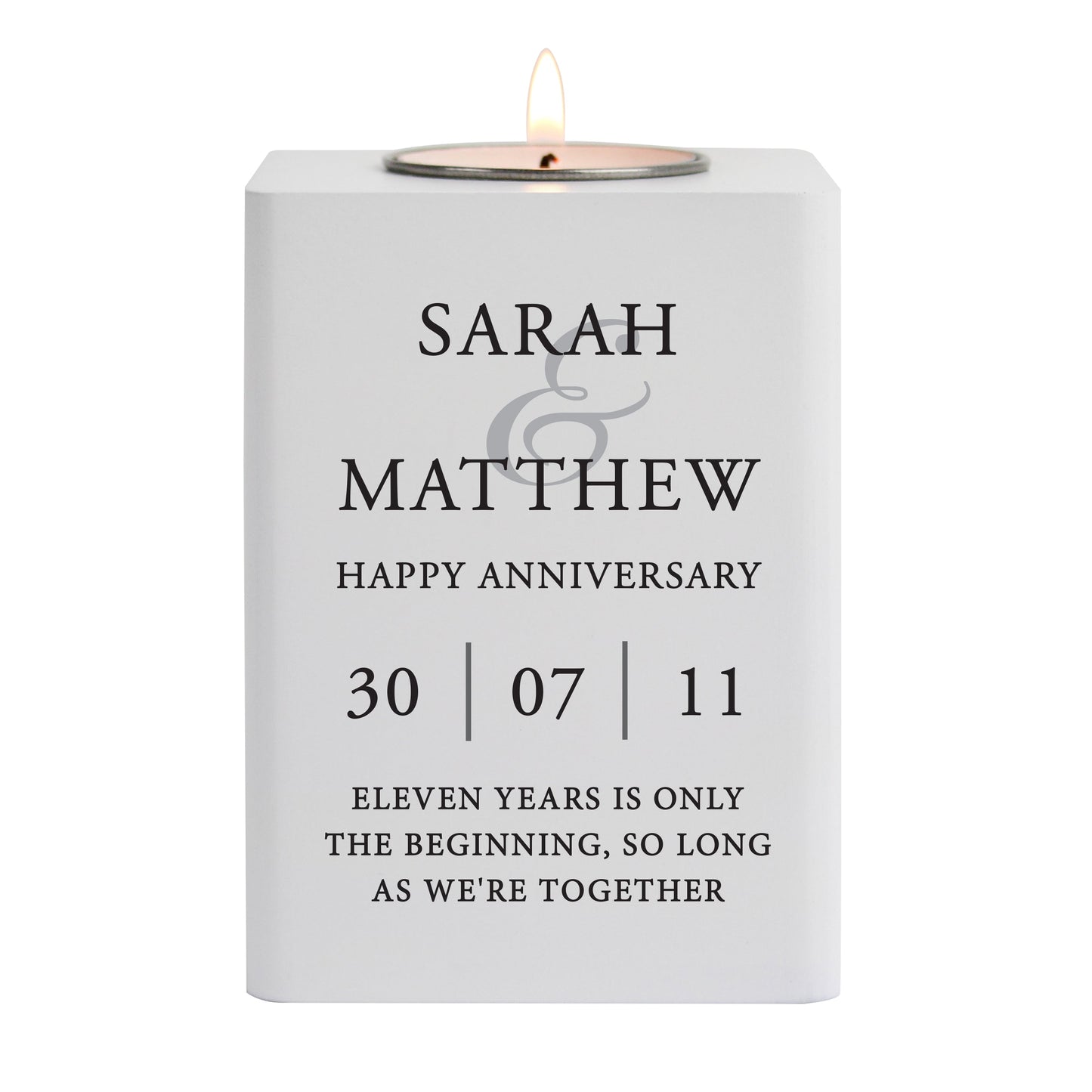 Personalised Couples White Wooden Tea light Holder: 5 - Candle Holders By Gift Moments