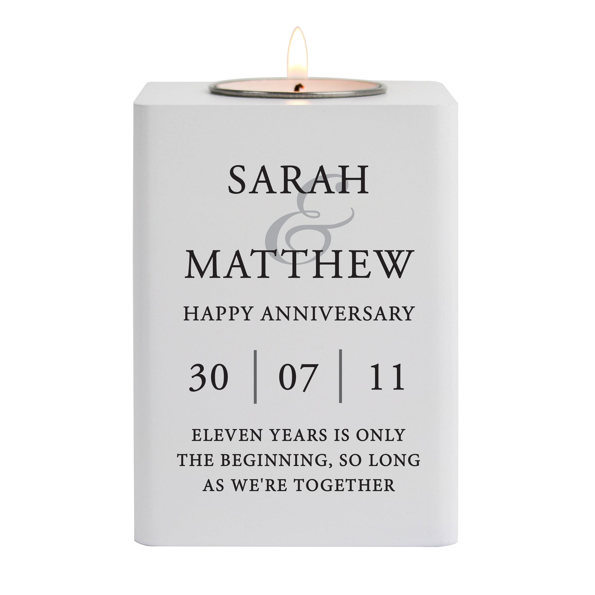 Personalised Couples White Wooden Tea light Holder: 5 - Candle Holders By Gift Moments