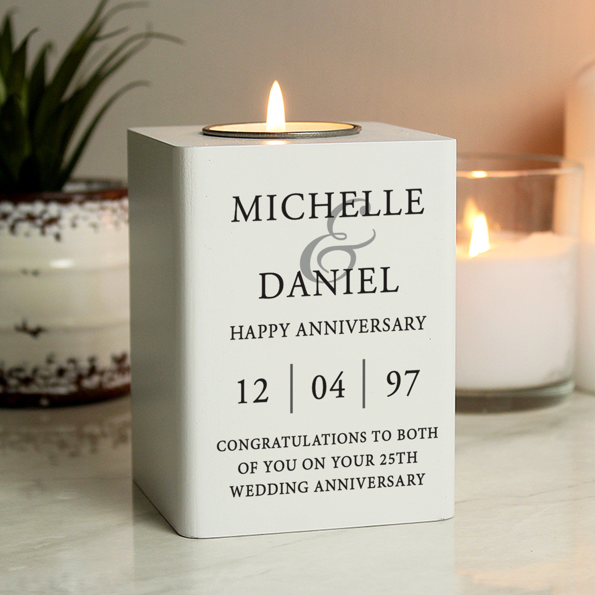Personalised Couples White Wooden Tea light Holder: 1 - Candle Holders By Gift Moments