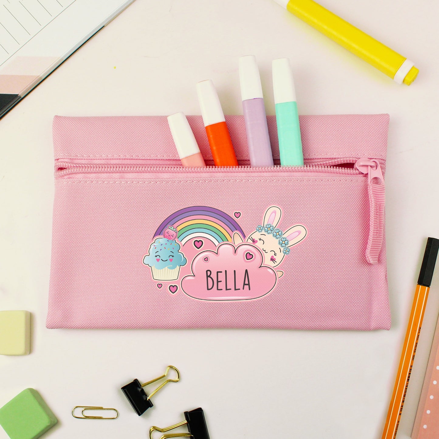 Personalised Cute Bunny Pink Pencil Case: 3 - Pencil Cases & Sets By Gift Moments