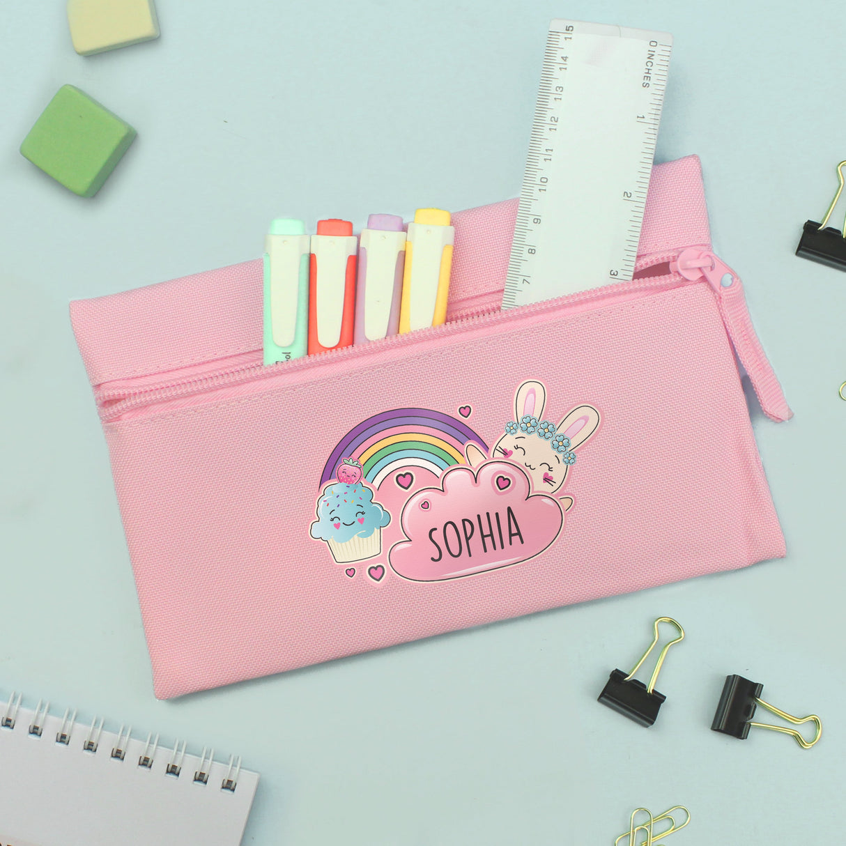 Personalised Cute Bunny Pink Pencil Case: 2 - Pencil Cases & Sets By Gift Moments