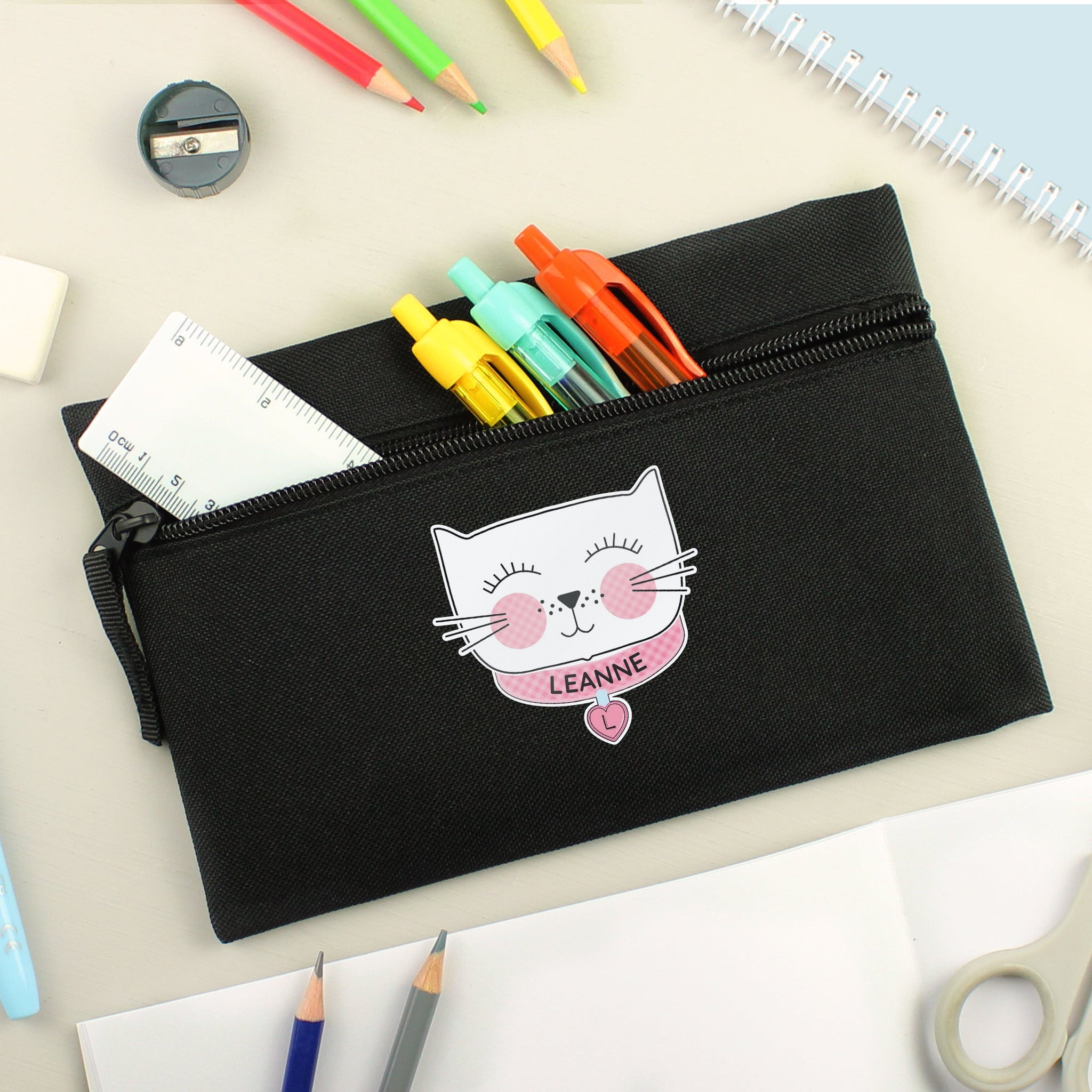 Personalised Cute Cat Black Pencil Case: 4 - Pencil Cases & Sets By Gift Moments