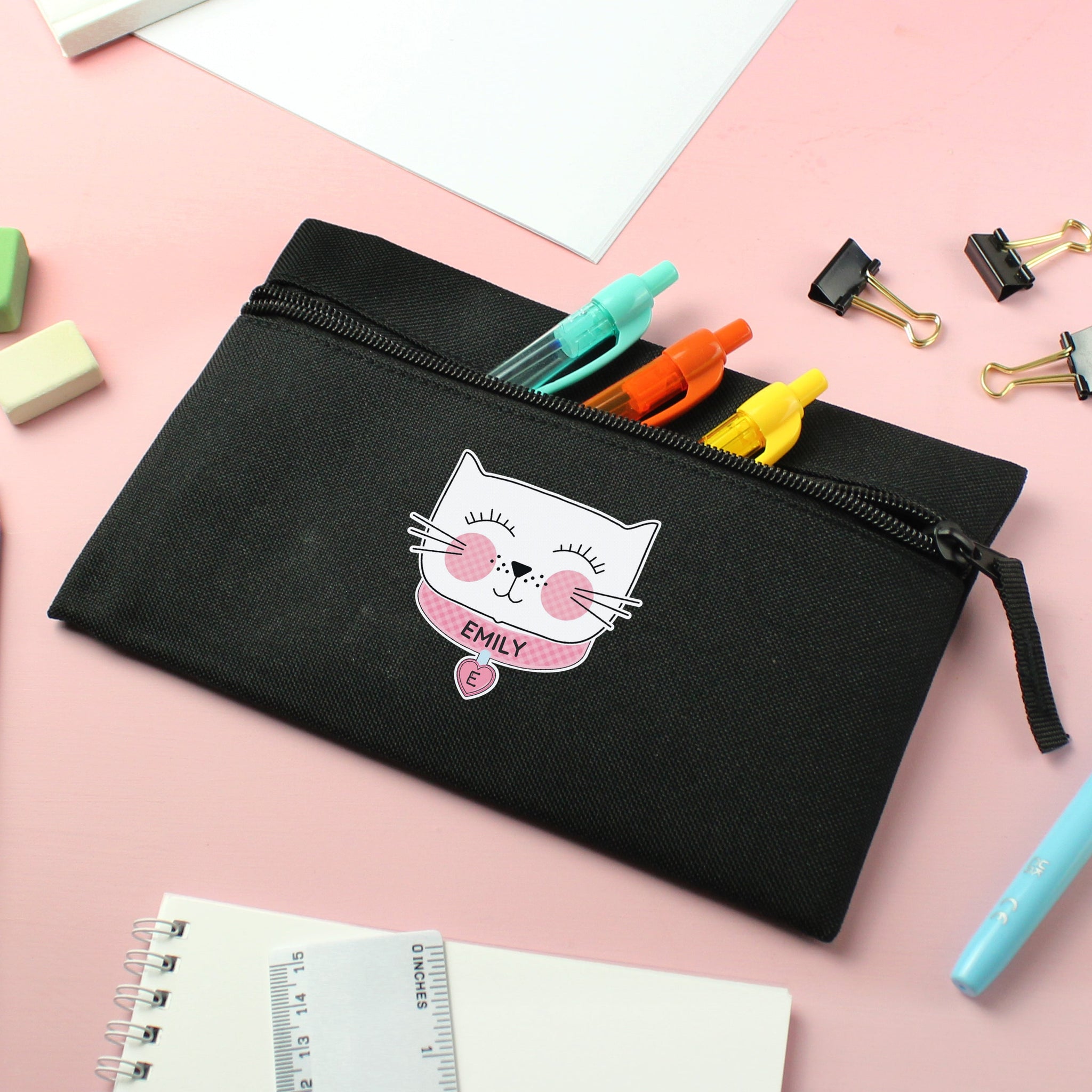 Personalised Cute Cat Black Pencil Case: 3 - Pencil Cases & Sets By Gift Moments