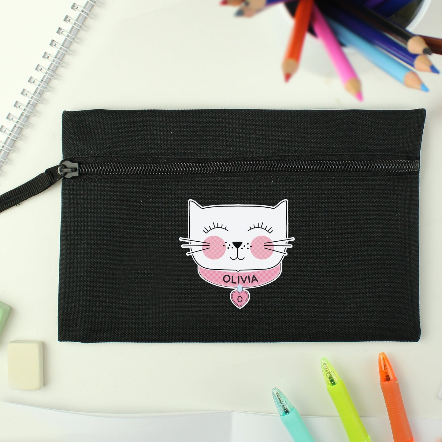 Personalised Cute Cat Black Pencil Case: 2 - Pencil Cases & Sets By Gift Moments