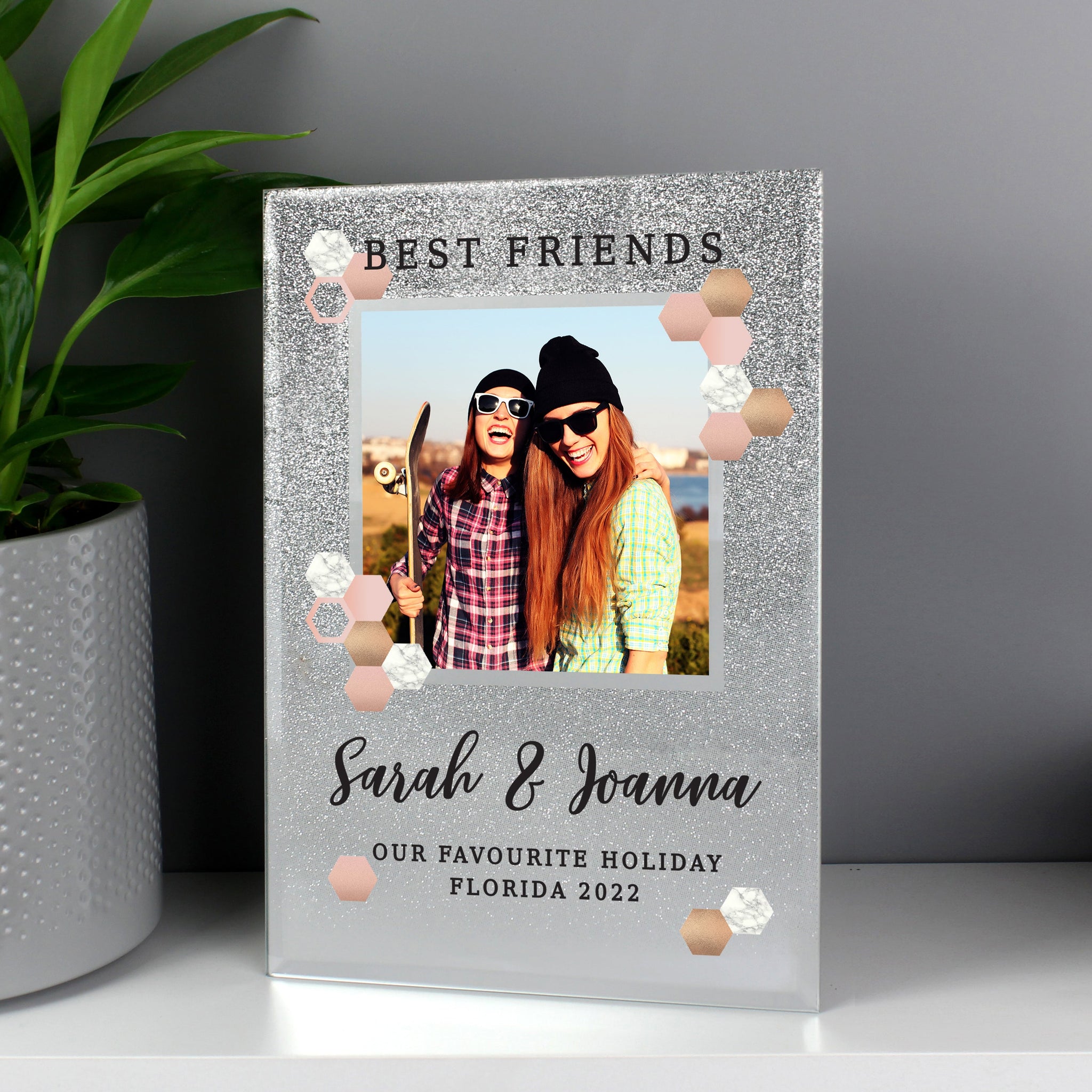 Personalised Cute Hexagon Design 4x4 Glitter Glass Photo Frame: 2 - Photo Frames By Gift Moments