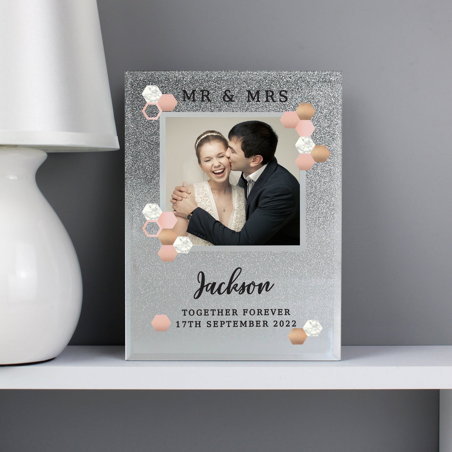 Personalised Cute Hexagon Design 4x4 Glitter Glass Photo Frame: 6 - Photo Frames By Gift Moments