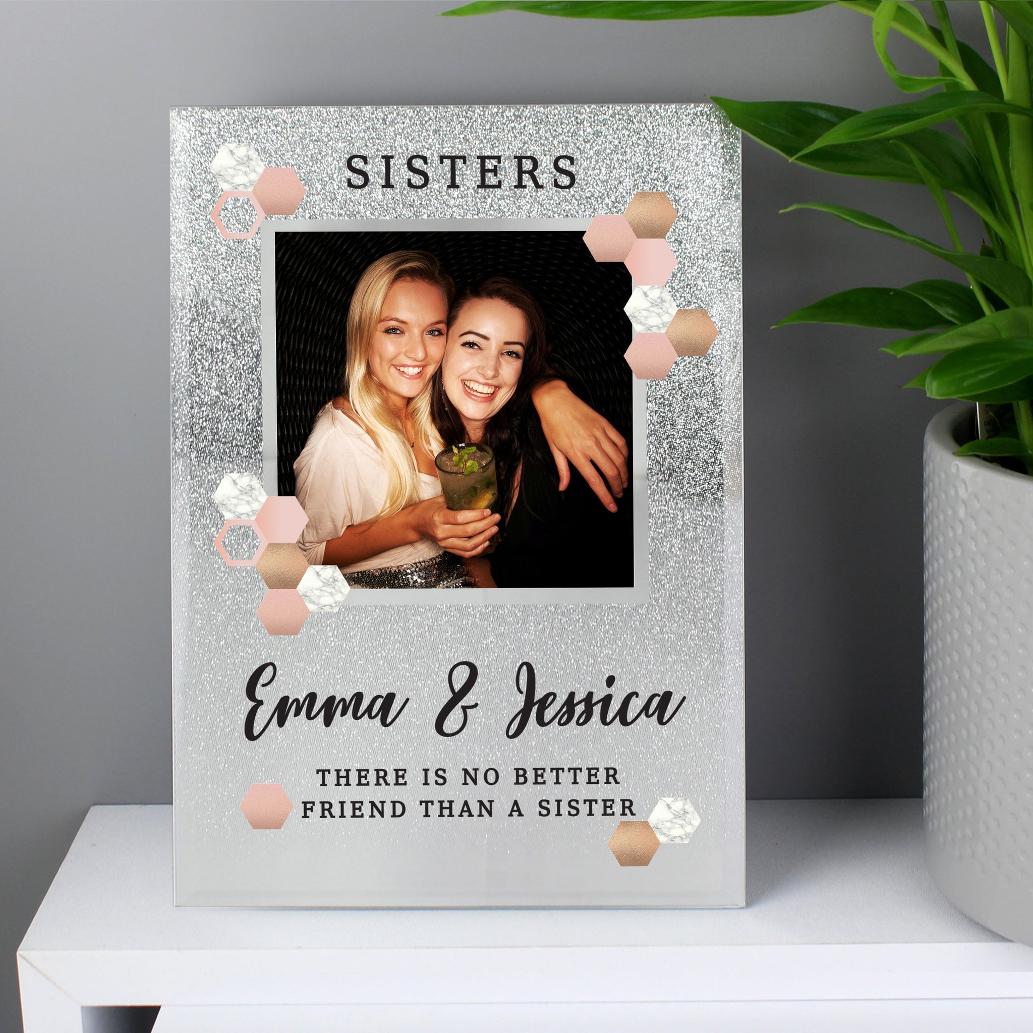 Personalised Cute Hexagon Design 4x4 Glitter Glass Photo Frame: 3 - Photo Frames By Gift Moments