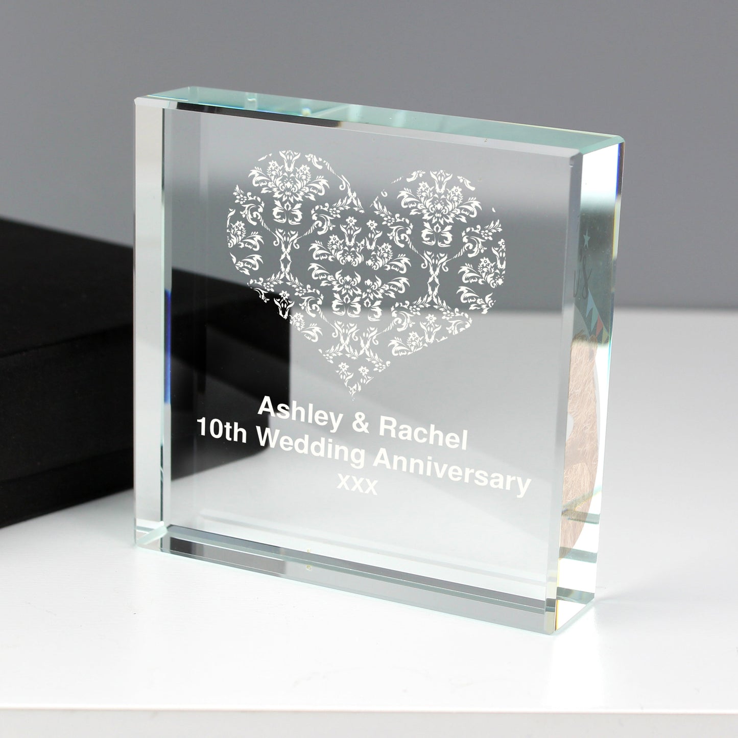 Personalised Damask White Heart Crystal Token: 3 - Crystal Tokens By Gift Moments