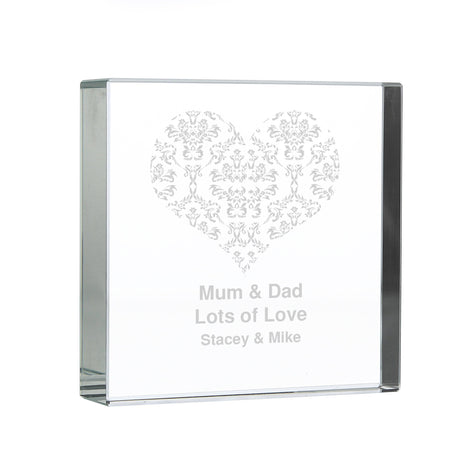 Personalised Damask White Heart Crystal Token: 2 - Crystal Tokens By Gift Moments