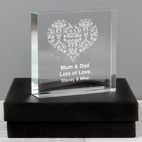 Personalised Damask White Heart Crystal Token: 1 - Crystal Tokens By Gift Moments