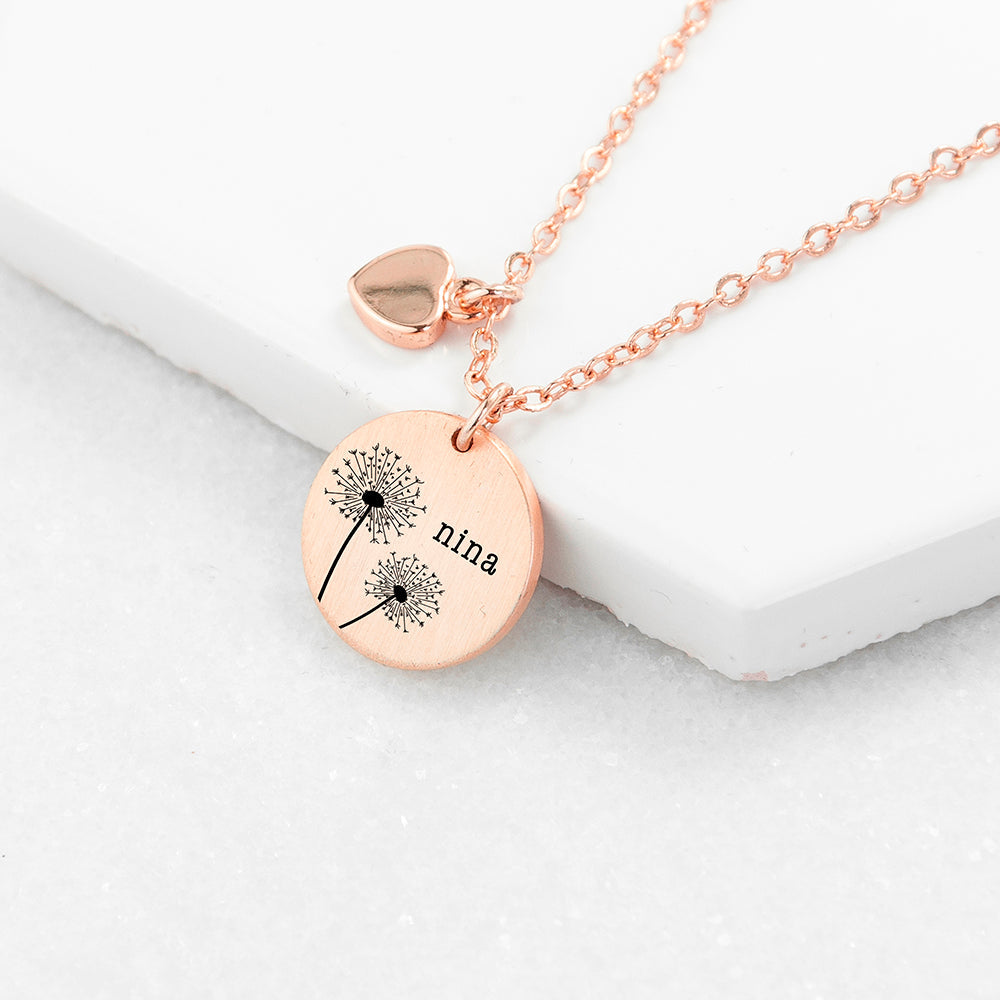 Personalised Dandelion Matte Heart & Disc Necklaces: 1 - Rose Gold - Necklaces By Gift Moments