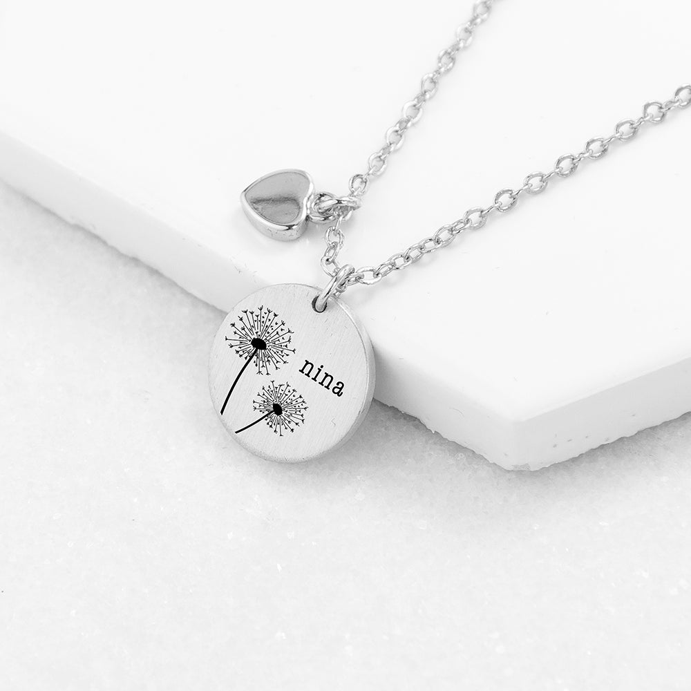 Personalised Dandelion Matte Heart & Disc Necklaces: 2 - Silver - Necklaces By Gift Moments