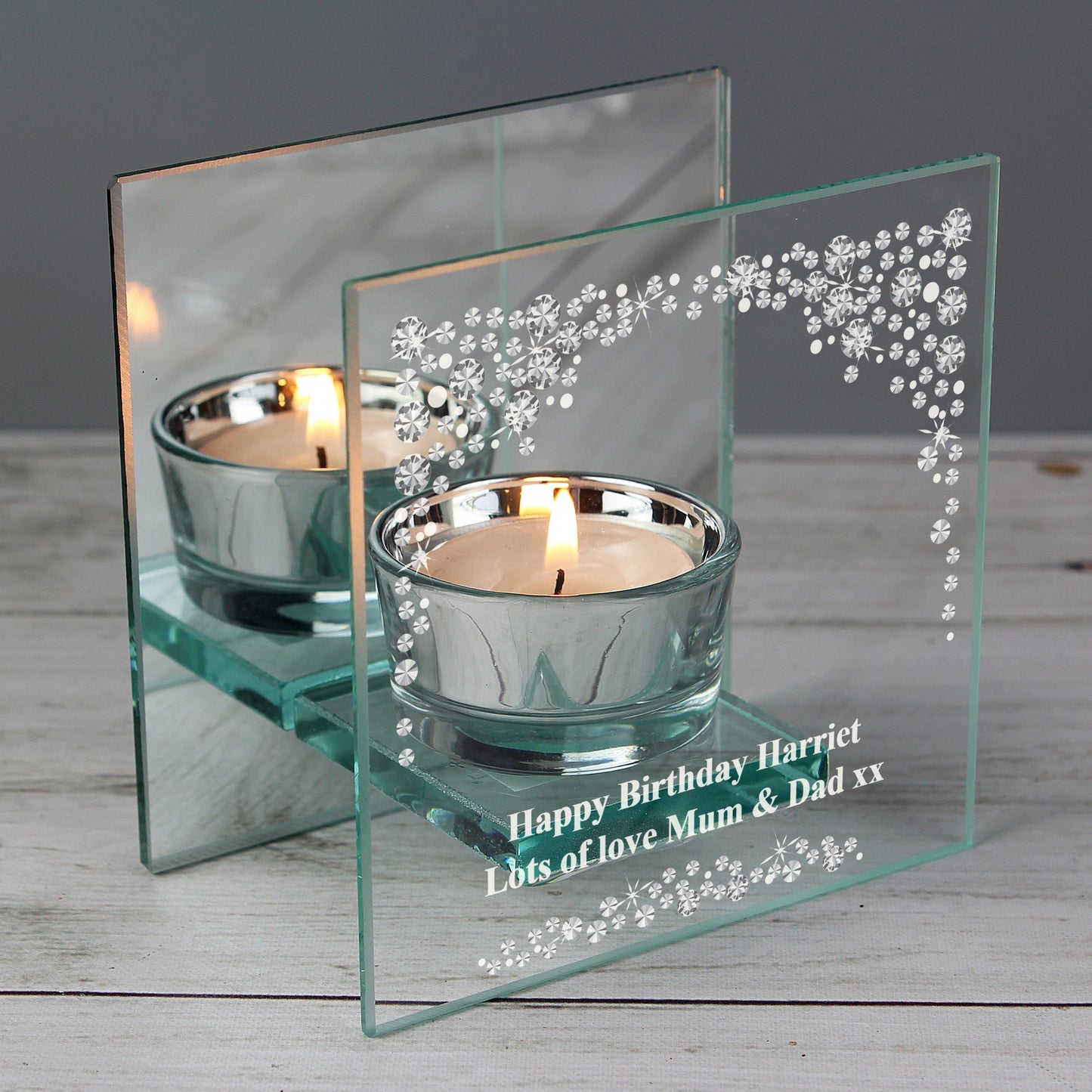 Personalised Diamante Effect Mirrored Glass Tea Light Candle Holder: 3 - Candle Holders By Gift Moments