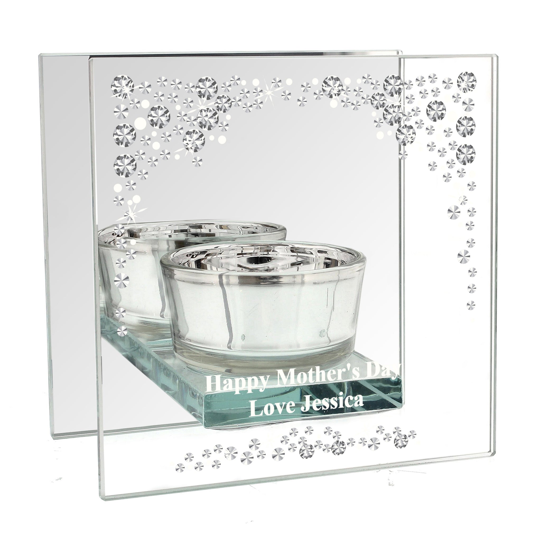Personalised Diamante Effect Mirrored Glass Tea Light Candle Holder: 5 - Candle Holders By Gift Moments
