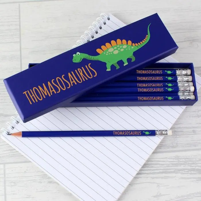 Personalised Dinosaur Box of 12 Blue HB Pencils: 3 - Pens & Pencils By Gift Moments