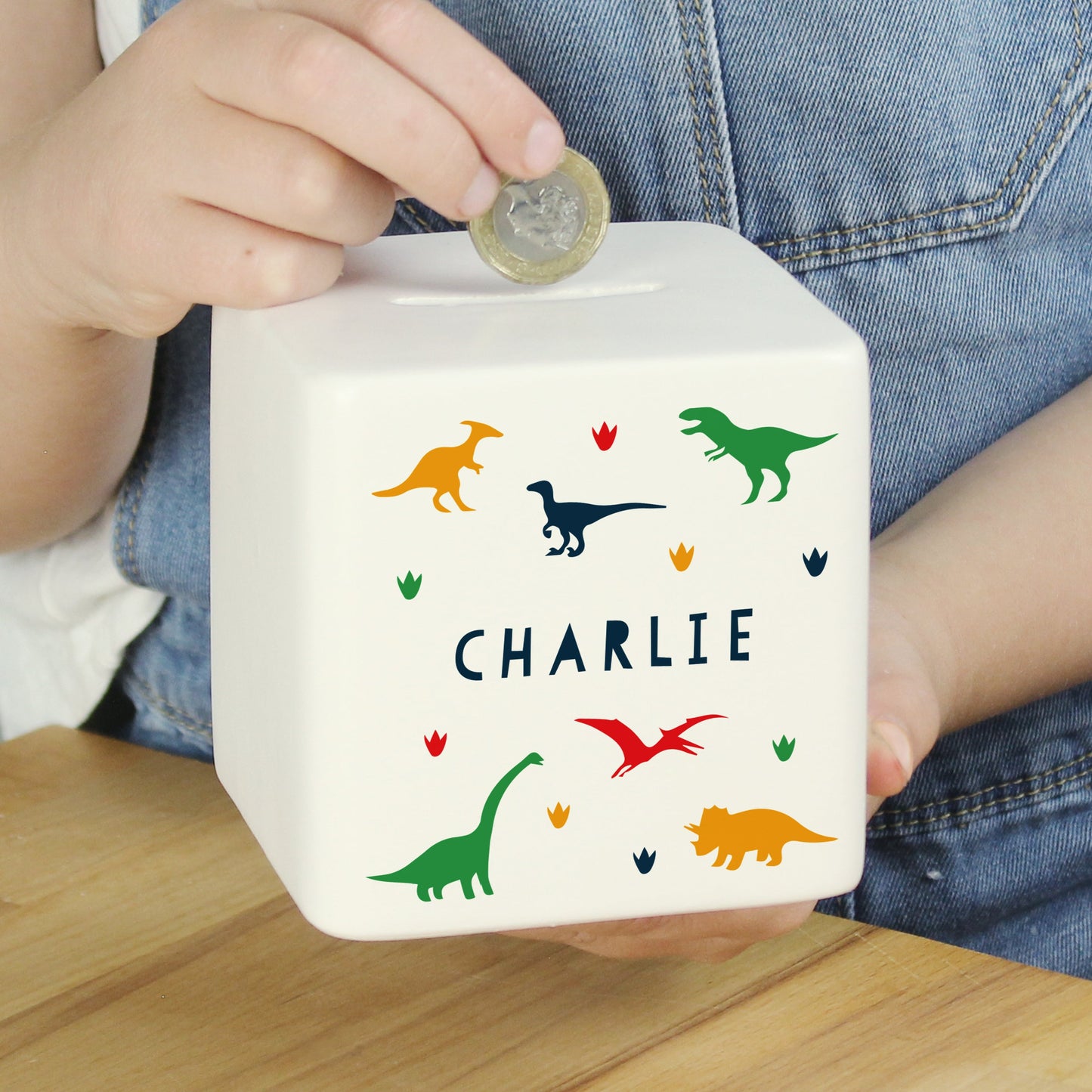 Personalised Dinosaur Ceramic Square Money Box: 2 - Money Boxes By Gift Moments