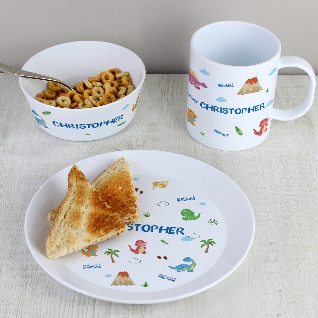 Personalised Dinosaur Plastic Breakfast Set: 2 - Tableware By Gift Moments