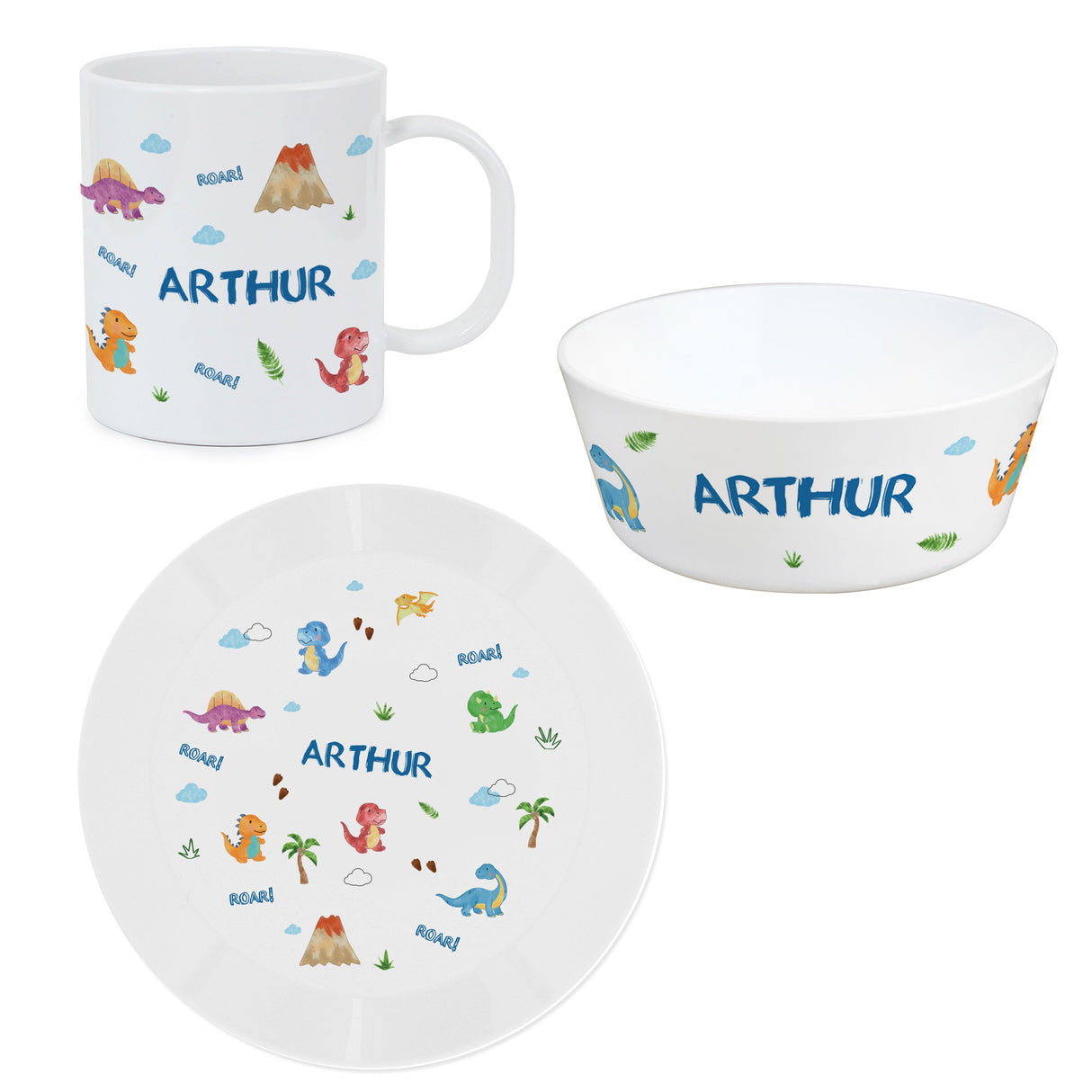 Personalised Dinosaur Plastic Breakfast Set: 3 - Tableware By Gift Moments