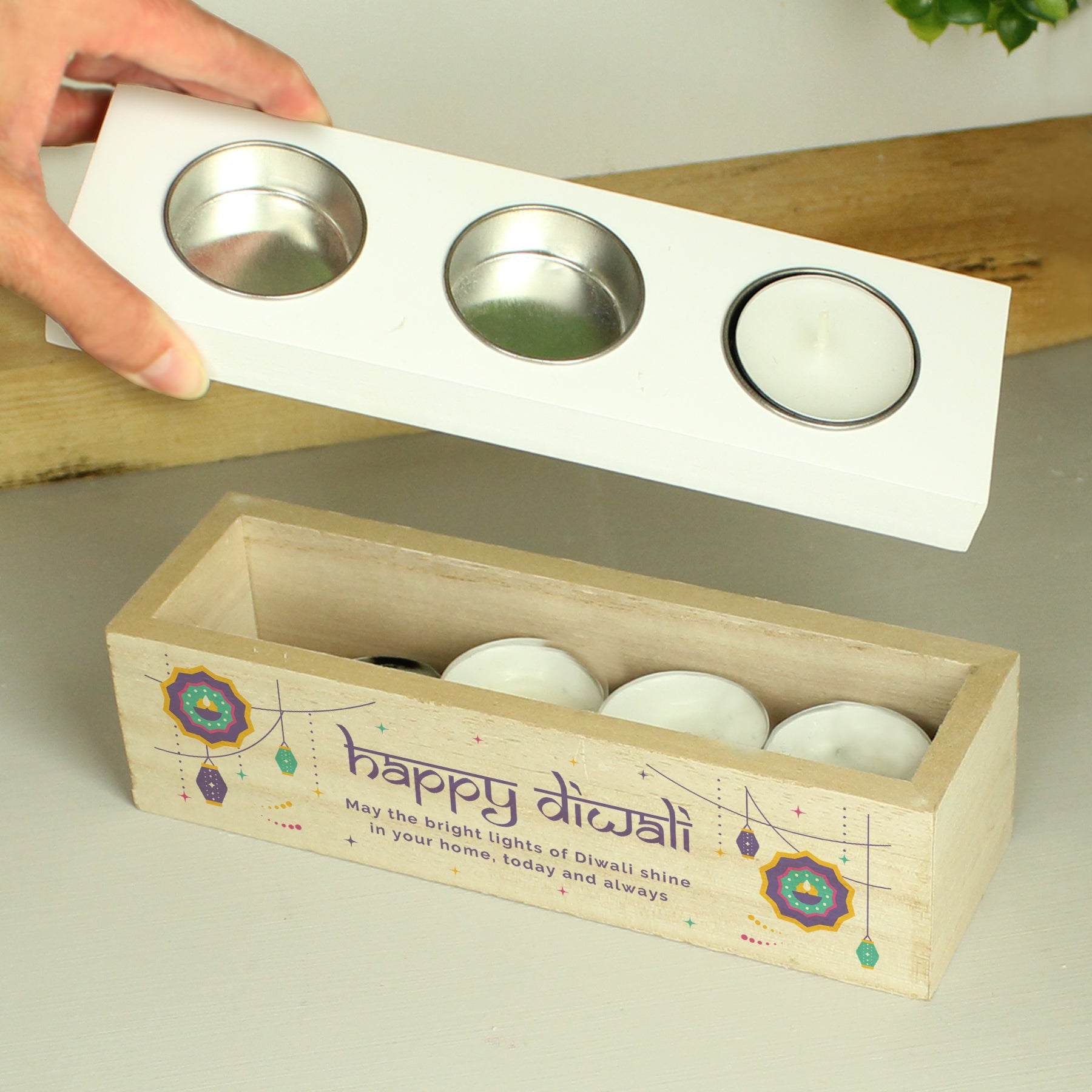 Personalised Diwali Triple Tealight Box: 6 - Candle Holders By Gift Moments