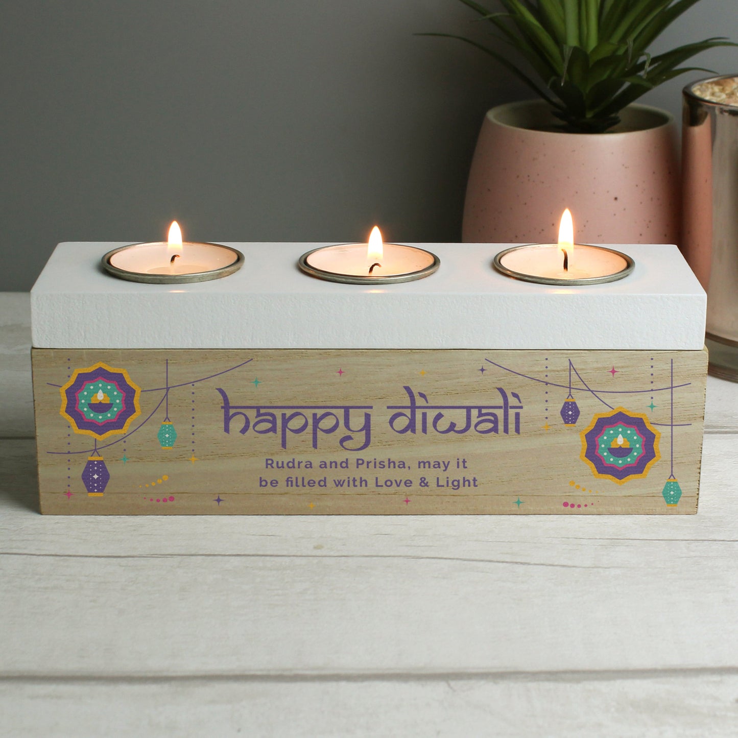 Personalised Diwali Triple Tealight Box: 2 - Candle Holders By Gift Moments