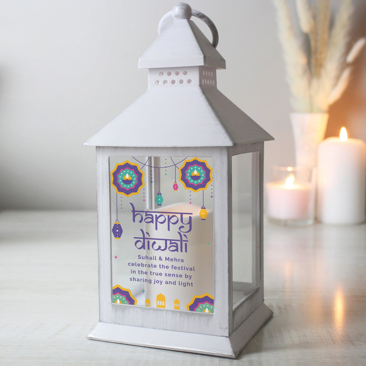 Personalised Diwali White Lantern: 4 - LED Lighting By Gift Moments