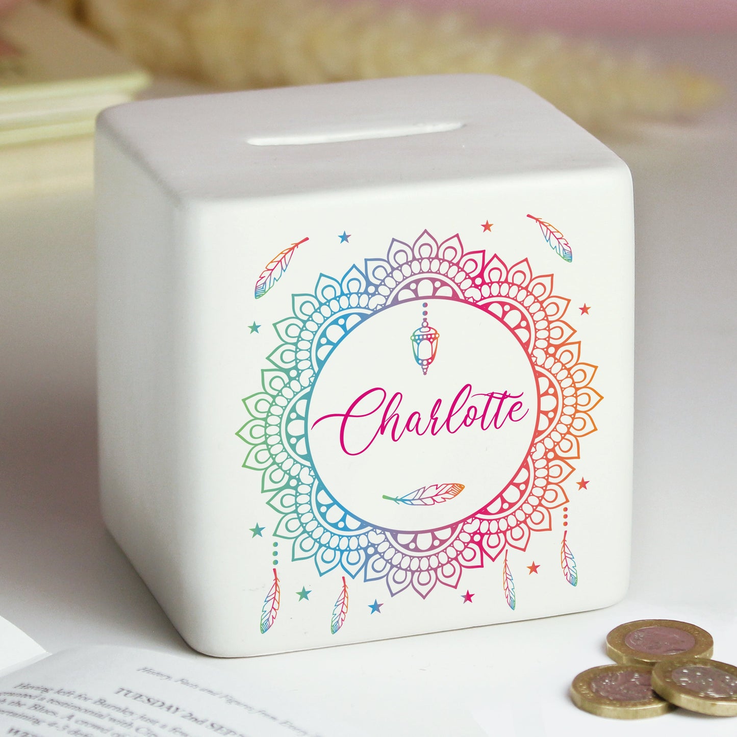 Personalised Dreamcatcher Ceramic Square Money Box: 2 - Money Boxes By Gift Moments