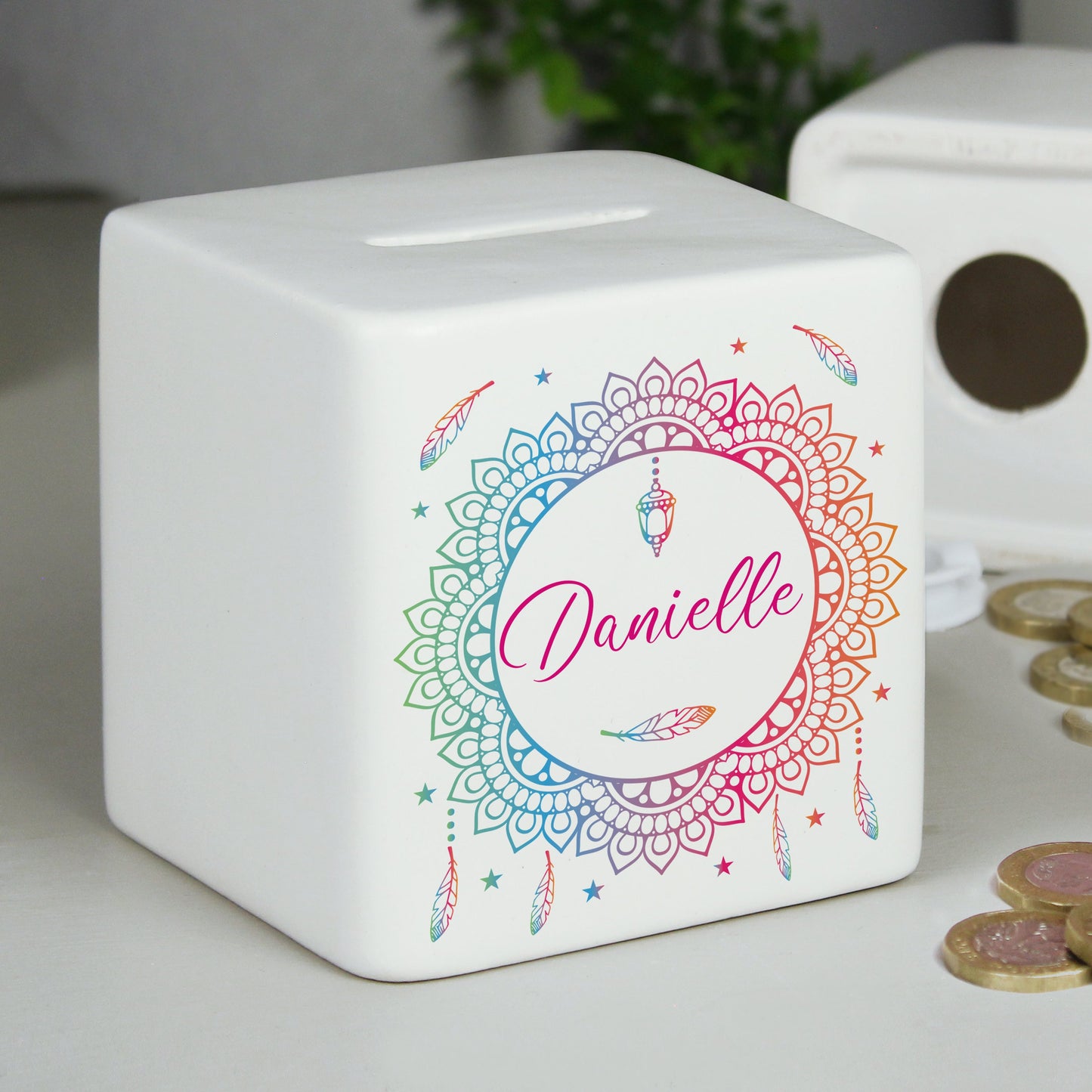 Personalised Dreamcatcher Ceramic Square Money Box: 1 - Money Boxes By Gift Moments