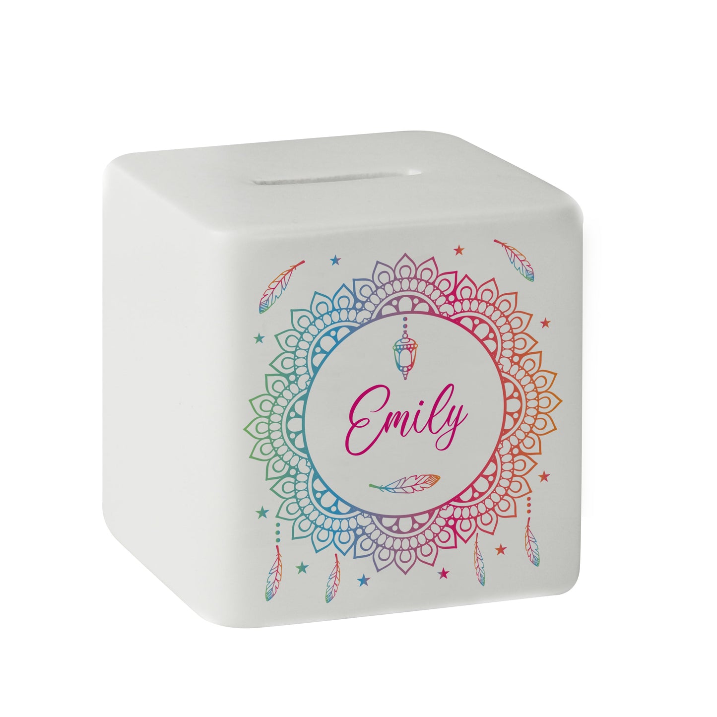 Personalised Dreamcatcher Ceramic Square Money Box: 5 - Money Boxes By Gift Moments