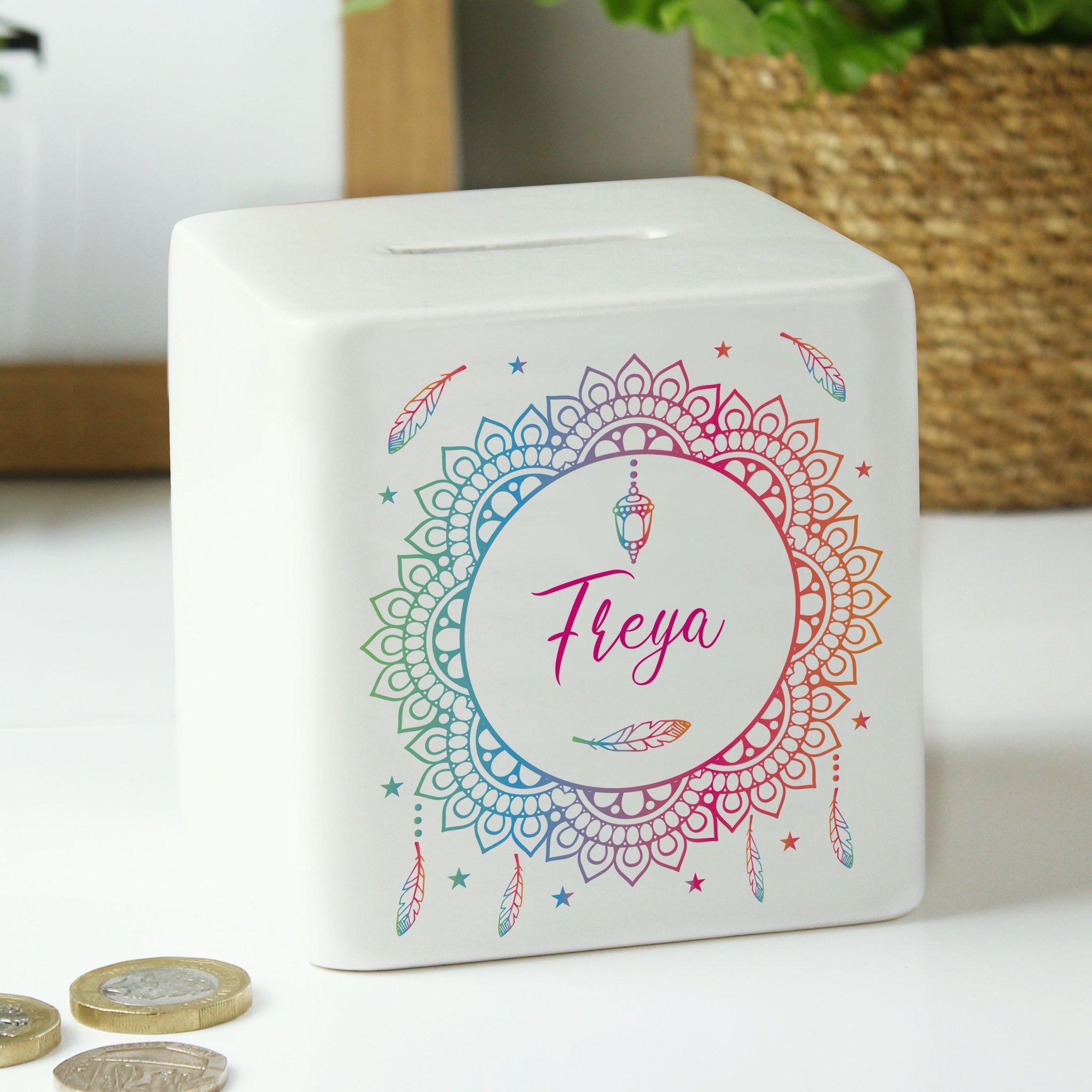 Personalised Dreamcatcher Ceramic Square Money Box: 4 - Money Boxes By Gift Moments