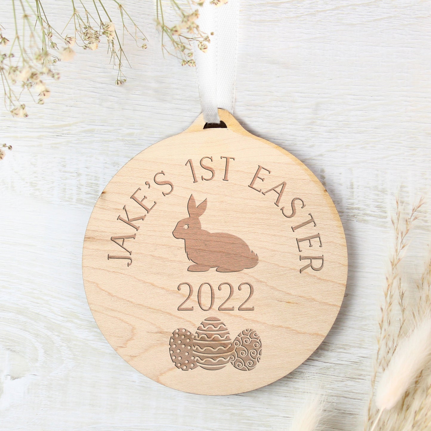 Personalised Easter Bunny Round Wooden Decoration: 6 - Decorations By Gift Moments
