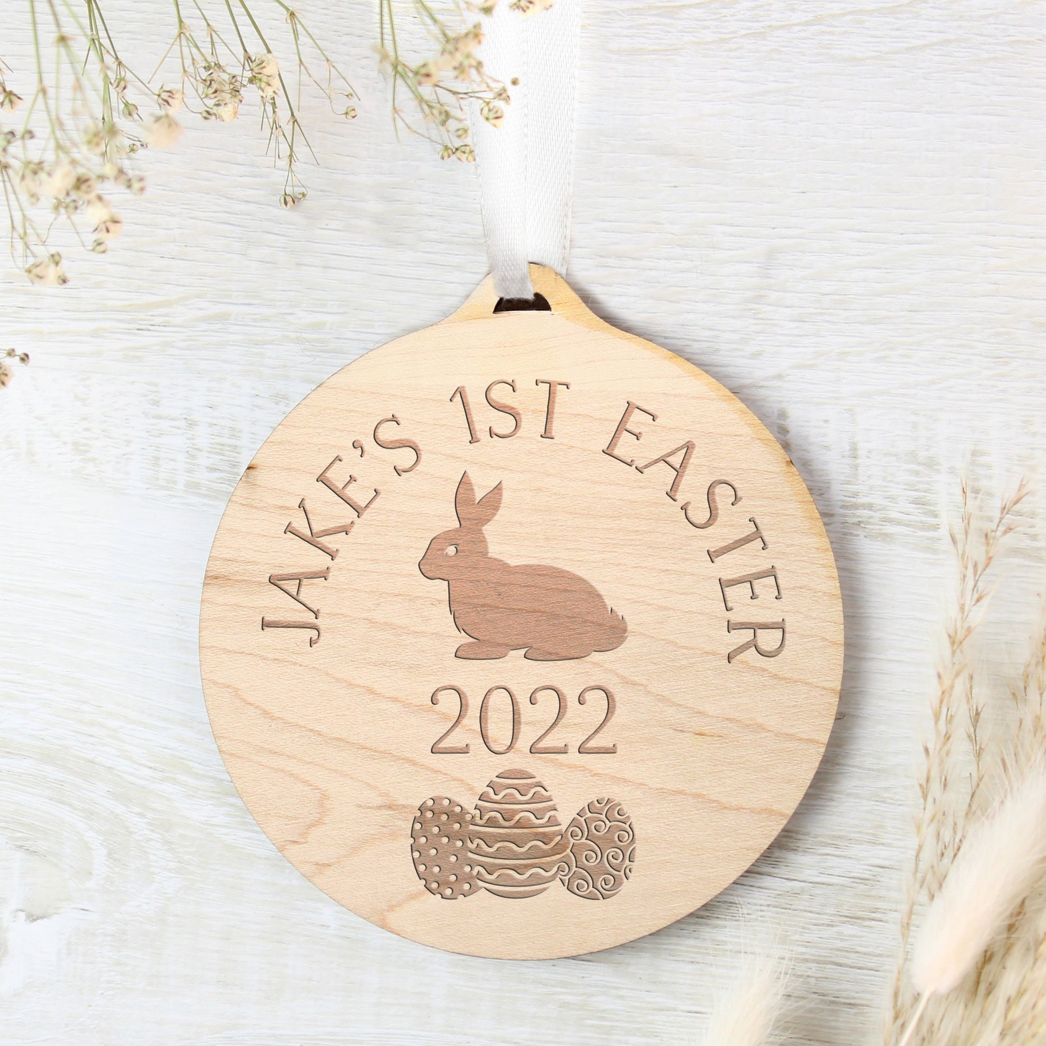 Personalised Easter Bunny Round Wooden Decoration: 6 - Decorations By Gift Moments