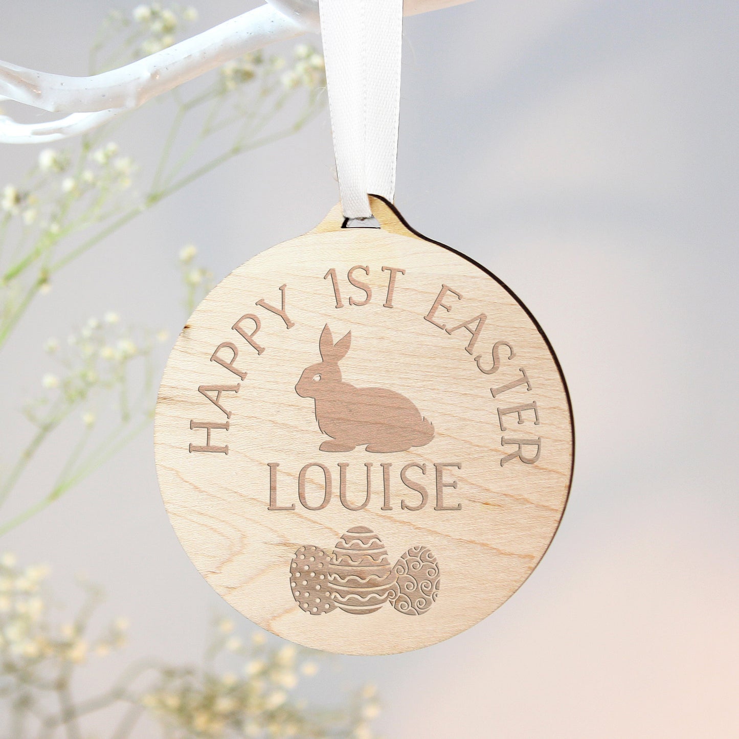Personalised Easter Bunny Round Wooden Decoration: 4 - Decorations By Gift Moments