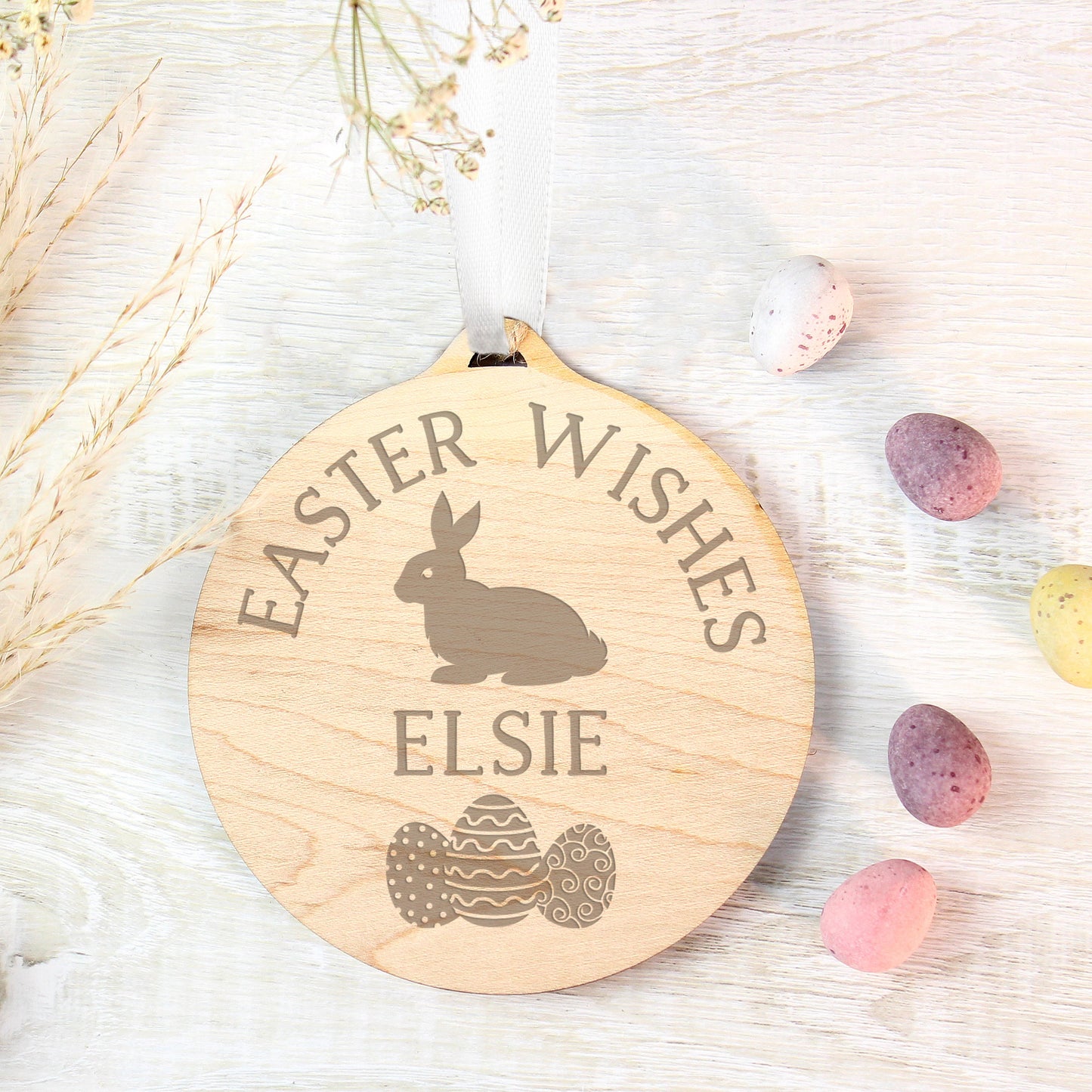 Personalised Easter Bunny Round Wooden Decoration: 2 - Decorations By Gift Moments