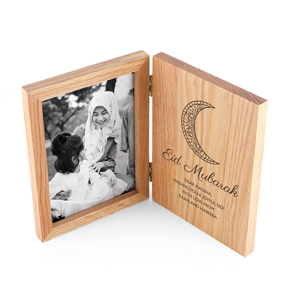 Personalised Eid Mubarak Oak Book Photo Frame: 3 Photo Frames By Gift Moments